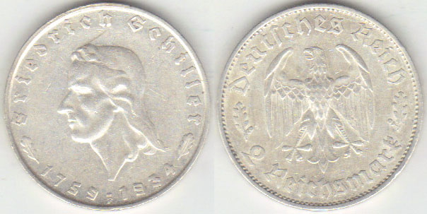 1934 F Germany silver 2 Mark (Schiller) A000031